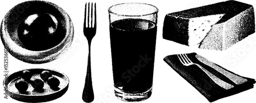 Vintage engraving of dining objects with stippling and halftone texture for retro design