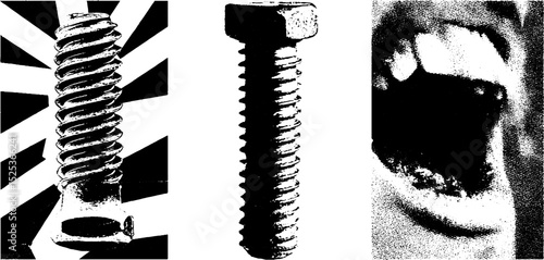 Vintage engraving of screws and scream with stippling and halftone texture