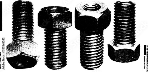 Vintage engraving of bolts and nuts with stippling and halftone texture for industrial design