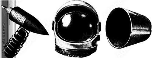 Vintage space exploration engraving with stippling and halftone texture for retro design