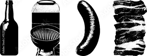 Vintage barbecue still life with grill, bottle, sausage, and ribs in halftone texture