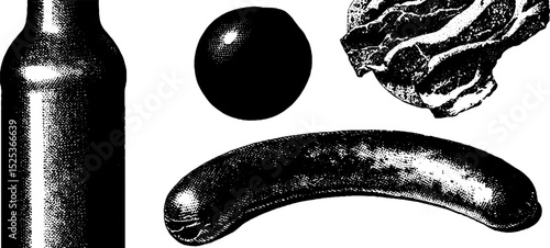 Vintage engraving of beer bottle, egg, bacon, and sausage with stippling and halftone texture