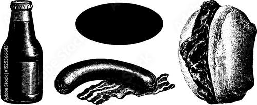 Vintage engraving of beer bottle, sausage, bacon, and hot dog with stipple and halftone texture