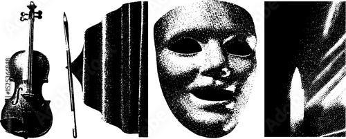 Vintage musical instruments and theater mask with stippling and halftone texture for art design