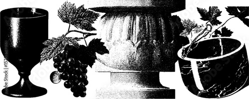 Vintage engraving with stippling halftone texture featuring grapes and goblets for artistic design