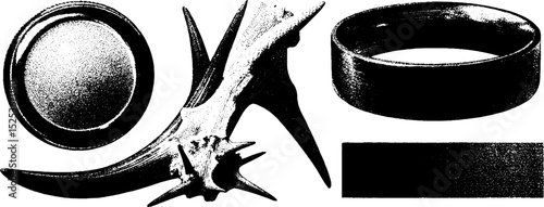 Vintage engraving with stippling and halftone texture featuring antler and ring elements