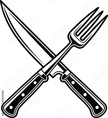 Crossed fork and knife, kitchen utensil icon, dining symbol vector, black and white cutlery, simple food design