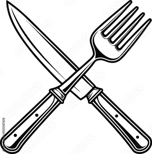 Crossed fork and knife, kitchen utensil icon, dining symbol vector, black and white cutlery, simple food design