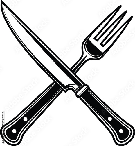 Crossed fork and knife, kitchen utensil icon, dining symbol vector, black and white cutlery, simple food design