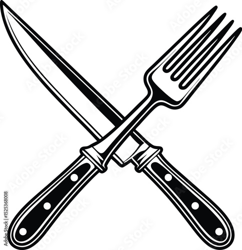 Crossed fork and knife, kitchen utensil icon, dining symbol vector, black and white cutlery, simple food design