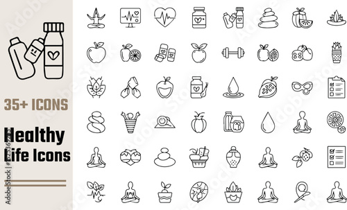 Healthy lifestyle icons collection wellness fitness yoga nutrition