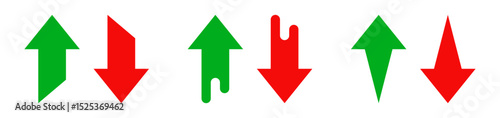 Conjunto de iconos de flecha arriba y abajo. Flechas verdes ascendentes y rojas descendentes. Indicadores visuales. Ilustración vectorial