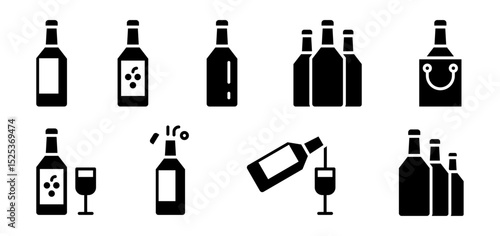 Conjunto de iconos de botellas de vino. Bebida alcohólica, celebración y degustación. Etiquetas, en grupo, abierta, en bolsa, con copa y sirviendo. Ilustración vectorial