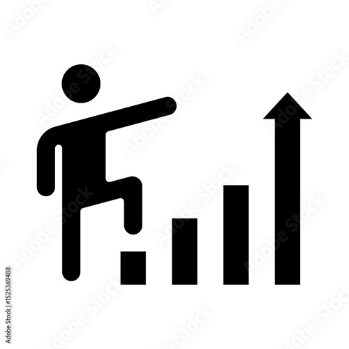 icono de progreso y superación. Esfuerzo, avance y logro. Persona subiendo escalones en forma de barra de crecimiento. Ilustración vectorial