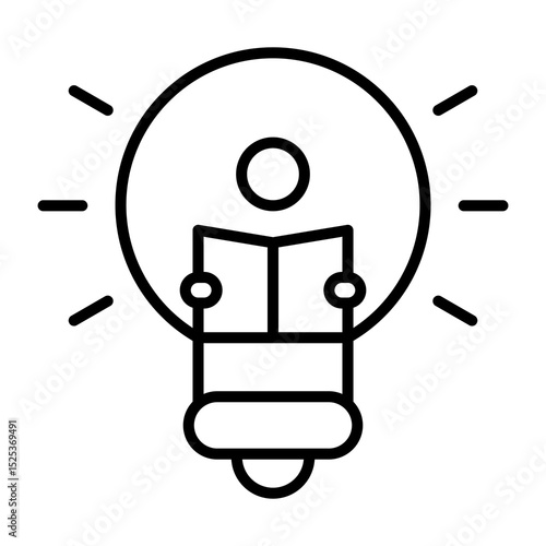 Icono de aprendizaje. Educación, conocimiento e inspiración. Persona leyendo un libro dentro de una bombilla encendida. Ilustración vectorial