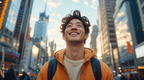 A handsome Asian American is walking in the New York City feeling cheerful.