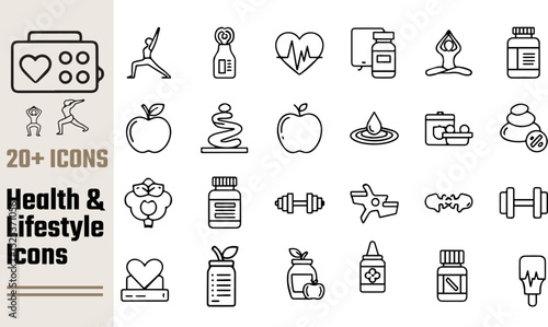 Health and lifestyle icons set wellness fitness nutrition yoga supplements