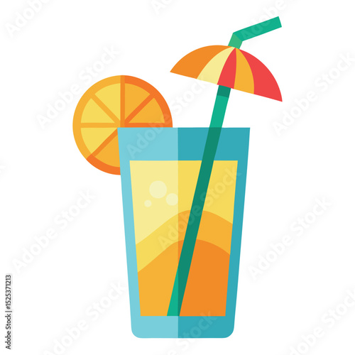 Refreshing orange juice cocktail in a tall glass with umbrella and orange slice