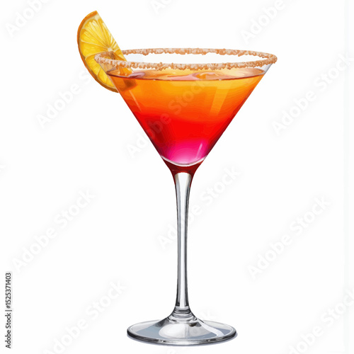 Colorful cocktail in a martini glass with orange slice garnish  