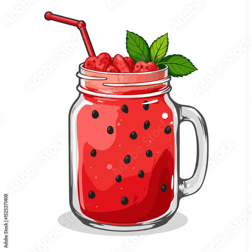 Refreshing fruit smoothie in glass jar with straw and mint leaves  