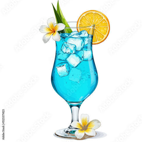 Refreshing blue tropical cocktail with ice and lemon slice  