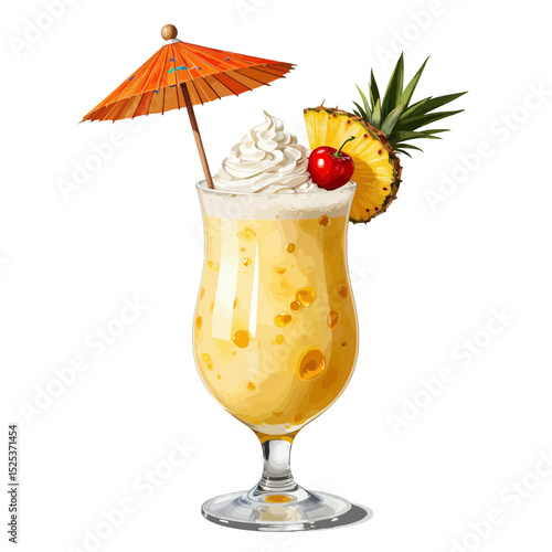 Tropical cocktail with pineapple and cherry topped with cream  