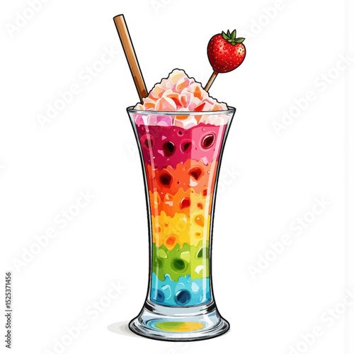 Colorful layered rainbow drink with whipped cream and strawberry  