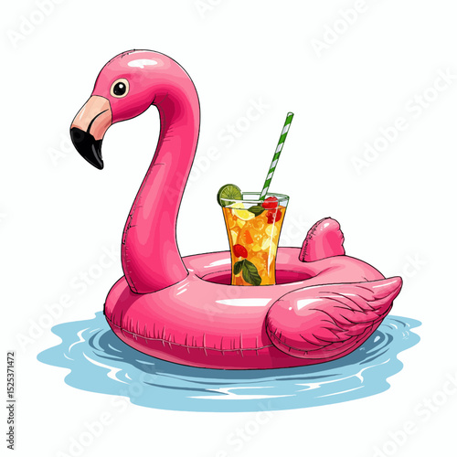 Inflatable pink flamingo pool float with cocktail on water