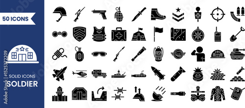 Soldier icon set. Vector solid icons collection. Vector illustration