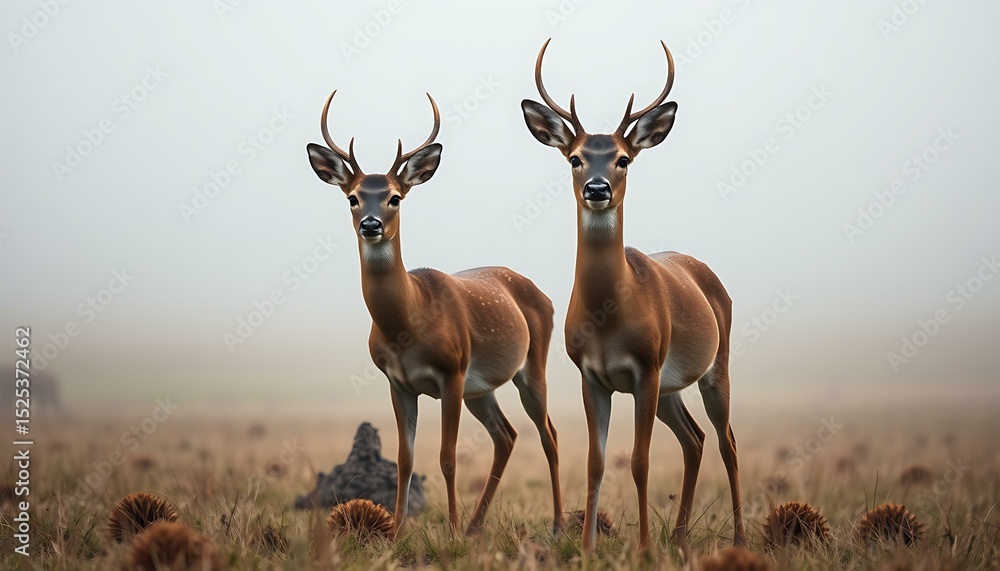 Obraz premium Two Deer Standing Alert In Foggy Open Clearing