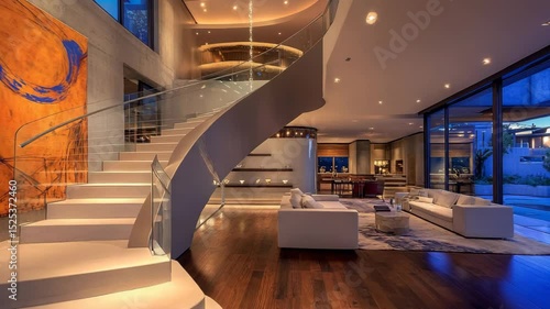 Modern villa entrance hall with sleek staircase and stylish interior design
