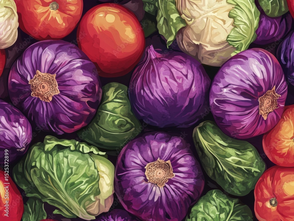 Obraz premium A vivid and appealing selection of colorful vegetables including tomatoes, cabbage, cauliflower, and purple onions on a table, emphasizing their freshness and variety.