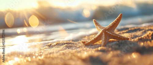 Close-up of a starfish on a sandy beach. the starfish is orange in color and has five arms. it is resting on the sand with small pebbles scattered around it.