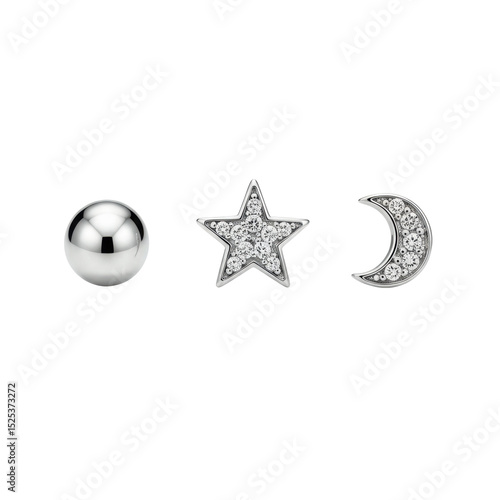 Macro shot of three reflective silver stud earrings – a ball, star, and crescent moon, adorned with brilliant cubic zirconia, perfectly isolated on a transparent studio background with no shadows.