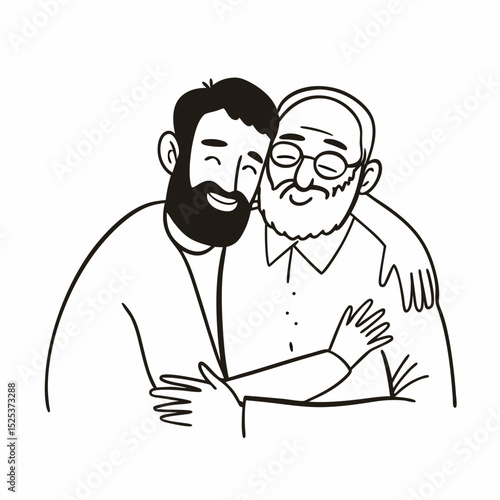 Adult hipster son fun hugging old senior father at home, two generations have a beard talking together and relaxing with smile, 2 man happy enjoy to living at home in father's day with love of family