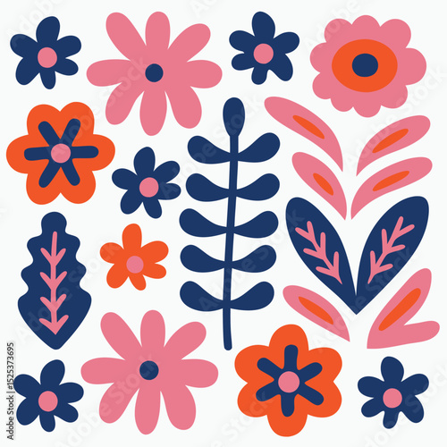 A cheerful and vibrant collection of stylized floral elements and leaves in pink and navy blue on a white background.