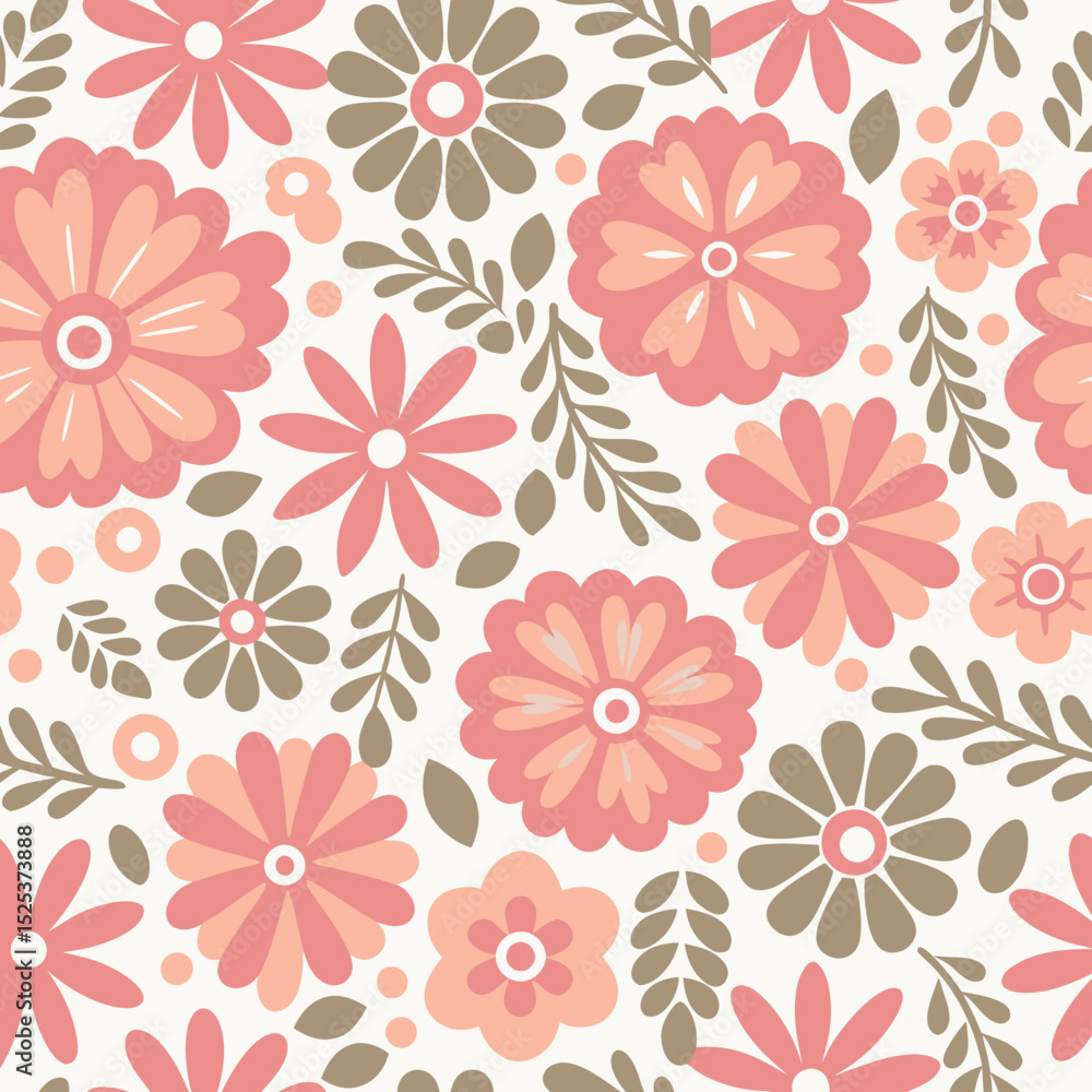 Seamless floral pattern with peach and brown flowers and foliage on white background Seamless floral pattern with peach and brown flowers and foliage on white background