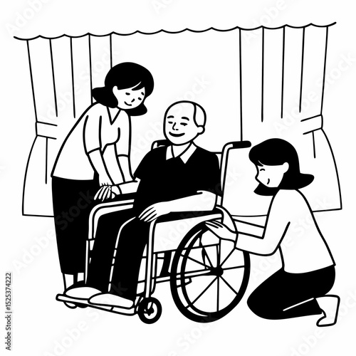 Asian family health care and insurance business at home concept, woman daughter take care support to senior elderly father patient in wheelchair together, dad having smile in happy love lifestyle