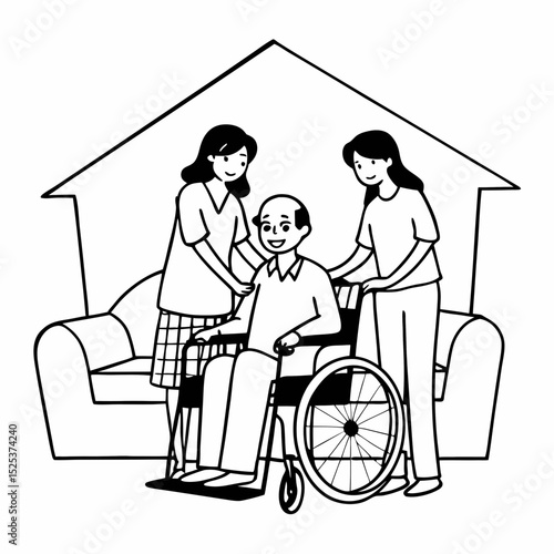 Asian family health care and insurance business at home concept, woman daughter take care support to senior elderly father patient in wheelchair together, dad having smile in happy love lifestyle