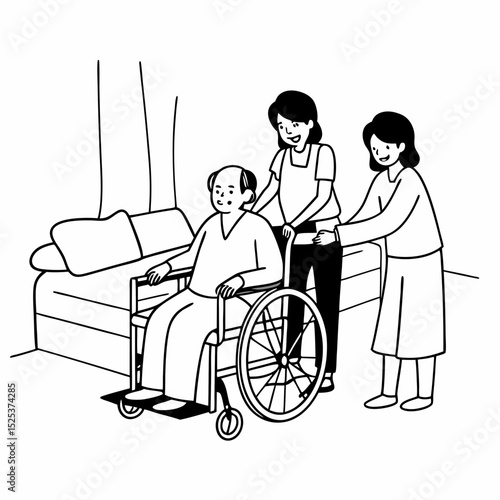 Asian family health care and insurance business at home concept, woman daughter take care support to senior elderly father patient in wheelchair together, dad having smile in happy love lifestyle