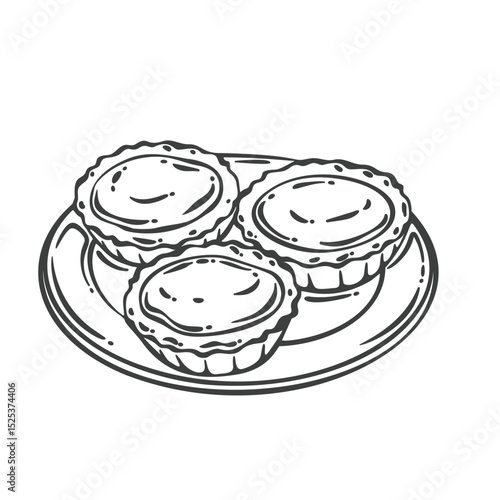 Three egg tarts with smooth custard filling on a round plate. Classic Cantonese pastry with flaky crust. Outline vector illustration in engraved style for bakery menu, packaging, or food blogs.