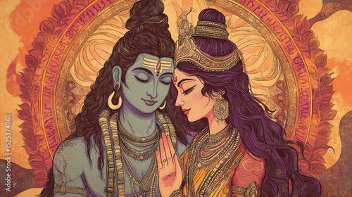 Lord Shiva and Goddess Parvati Hindu Gods Digital Art Illustration Painting Wallpaper Mythology Religion Spirituality India Divine Couple Mahadev Shakti Love Harmony Togetherness Vedic Culture