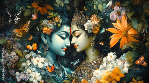 Radha Krishna Divine Love Eternal Romance Hindu Gods surrounded by flowers and butterflies spiritual art religious imagery colorful vibrant devotional love concept mythology illustration artistic
