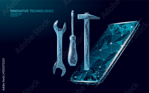 Digital tools smartphone concept. Low poly maintenance engineering construction repair. Technology service support innovation app. Blue geometric dark background vector.