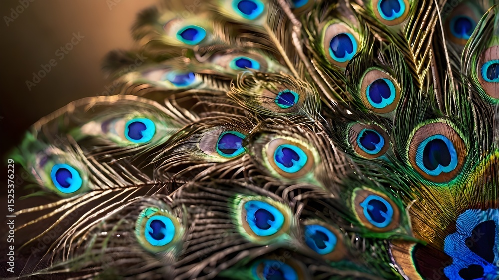 Obraz premium A Peacock's Feather with Iridescent Blue Eye in Closeup Against a Softly Illuminated Background