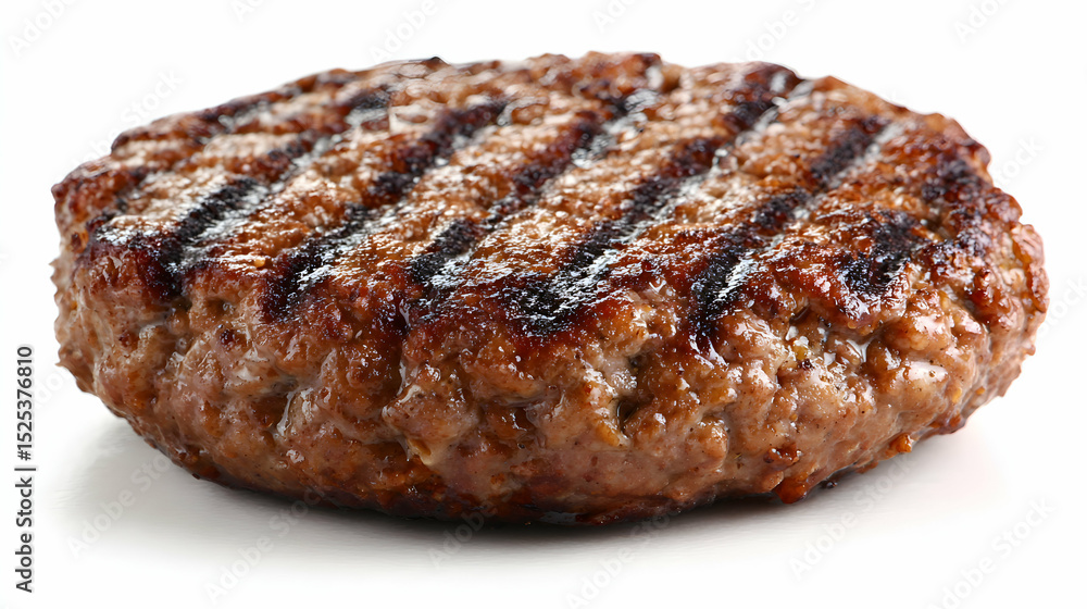Close Up Of A Perfectly Grilled Hamburger Patty Isolated On White Background Close Up Of A Perfectly Grilled Hamburger Patty Isolated On White Background