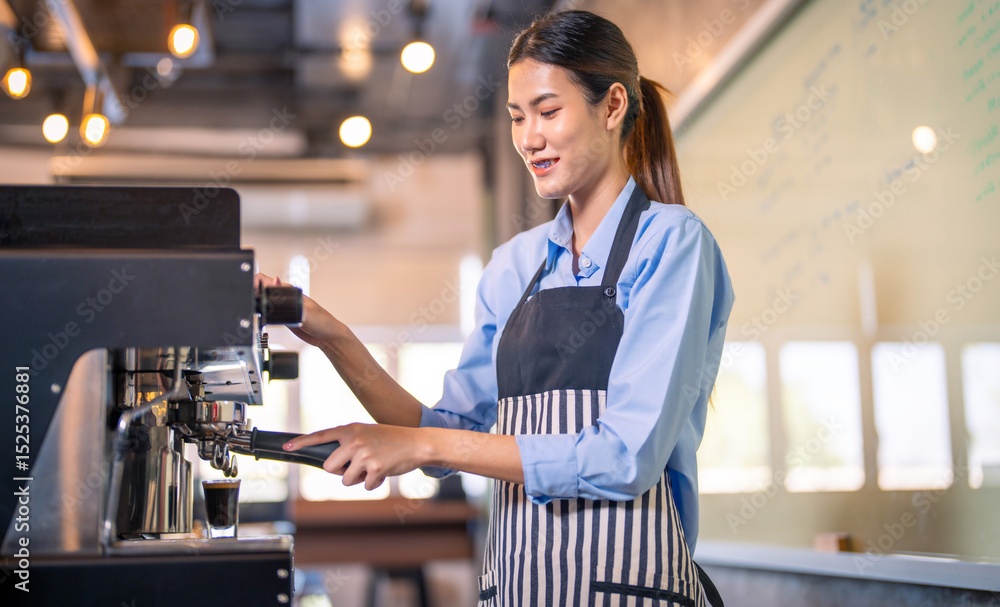 Professional Barista's hand making coffee in coffee shop. Professional Barista's hand making coffee in coffee shop.