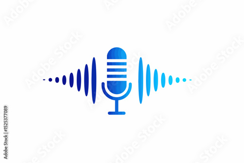 Blue Microphone with Audio Sound Waves on White Background – Studio Recording, Podcast, Voiceover Concept, Isolated Clip Art