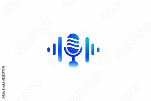 Blue Microphone with Audio Sound Waves on White Background – Studio Recording, Podcast, Voiceover Concept, Isolated Clip Art