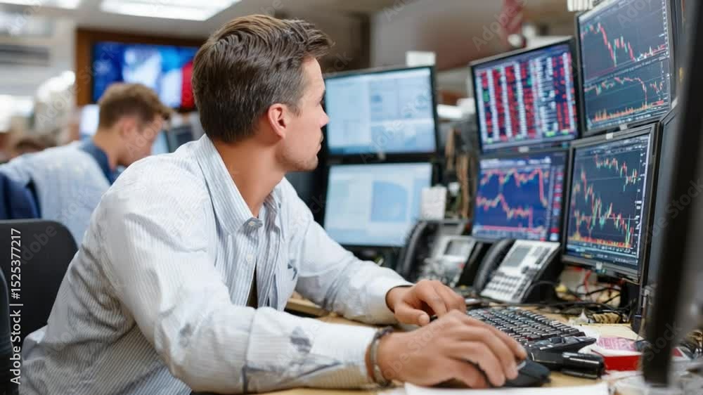 Focused Trader: A man intently monitors multiple computer screens displaying dynamic stock market data, immersed in the high-pressure environment of a busy trading floor. Focused Trader: A man intently monitors multiple computer screens displaying dynamic stock market data, immersed in the high-pressure environment of a busy trading floor.
